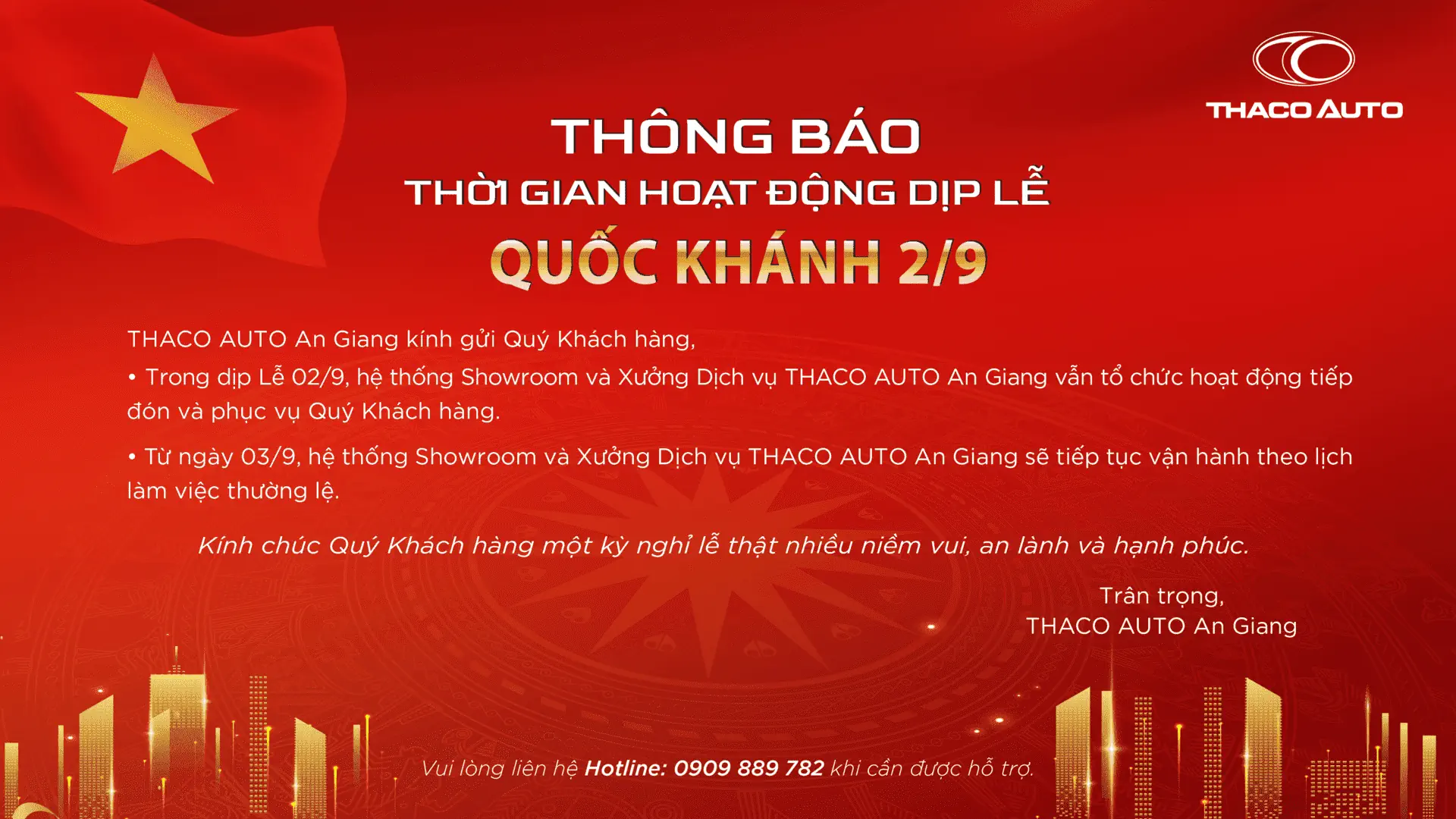 THÔNG BÁO THỜI GIAN HOẠT ĐỘNG DỊP LỄ QUỐC KHÁNH 02/9